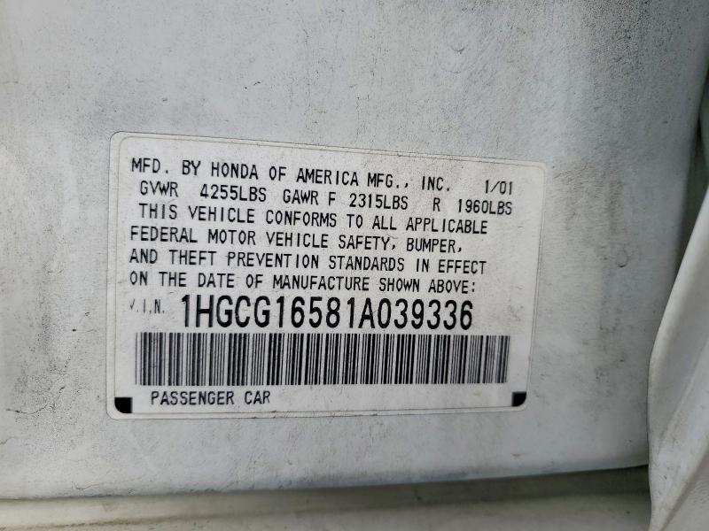 Aukcja sprzedaży 2001 Honda Accord, vin: 1HGCG16581A039336, numer aukcji: 63701086