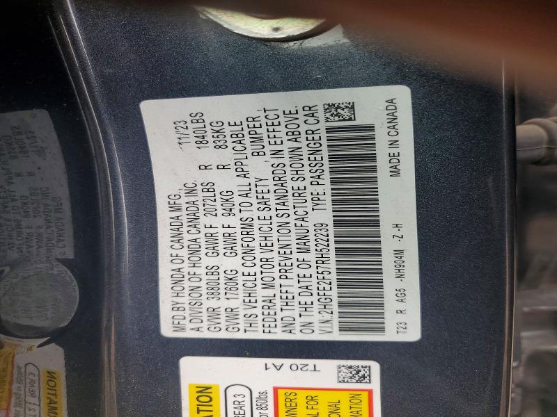 Продаж на аукціоні авто 2024 Honda Civic, vin: 2HGFE2F57RH522239, номер лоту: 64444006