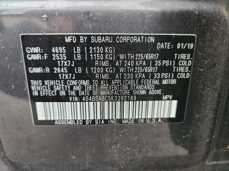 Aukcja sprzedaży 2019 Subaru Outback, vin: 4S4BSABC5K3292189, numer aukcji: 66927256