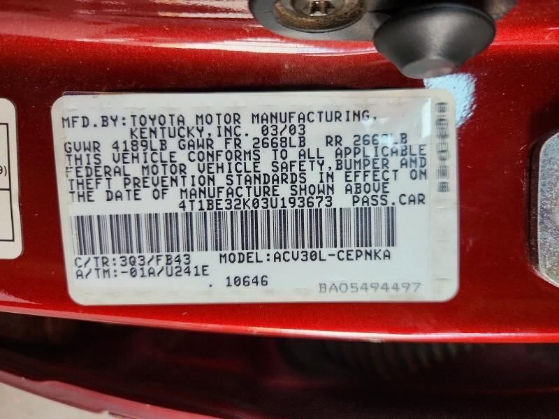 Продаж на аукціоні авто 2003 Toyota Camry, vin: 4T1BE32K03U193673, номер лоту: 64597226