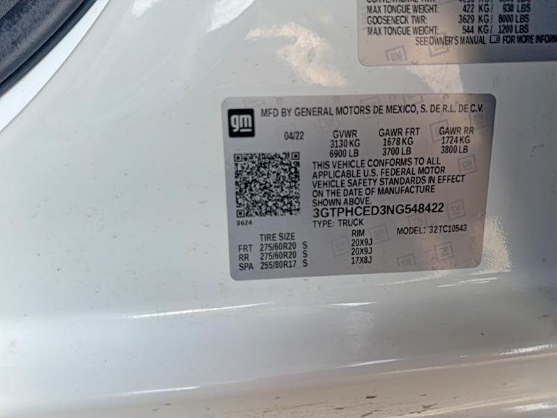 64498506 :رقم المزاد ، 3GTPHCED3NG548422 vin ، 2022 Gmc Sierra مزاد بيع