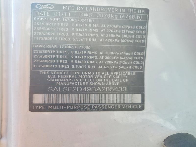 2011 Land Rover Range Rover Sport მანქანა იყიდება აუქციონზე, vin: SALSF2D49BA285433, აუქციონის ნომერი: 65526206