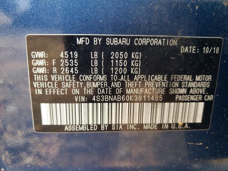 Aukcja sprzedaży 2019 Subaru Legacy, vin: 4S3BNAB60K3011485, numer aukcji: 63320026
