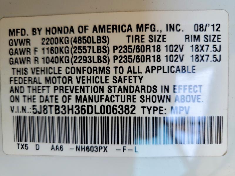 2013 Acura Rdx მანქანა იყიდება აუქციონზე, vin: 5J8TB3H36DL006382, აუქციონის ნომერი: 66413256