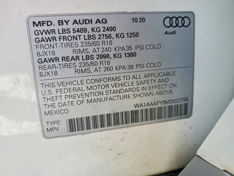 Продаж на аукціоні авто 2021 Audi Q5, vin: WA1AAAFY0M2023755, номер лоту: 65691766