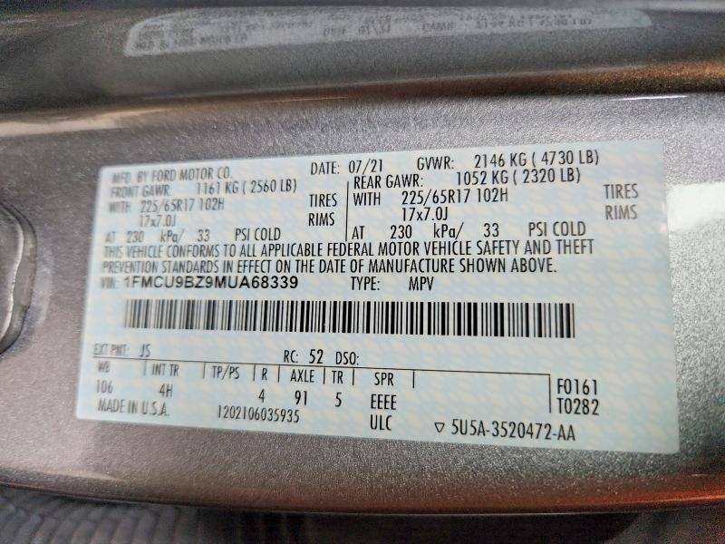 Aukcja sprzedaży 2021 Ford Escape, vin: 1FMCU9BZ9MUA68339, numer aukcji: 64598766