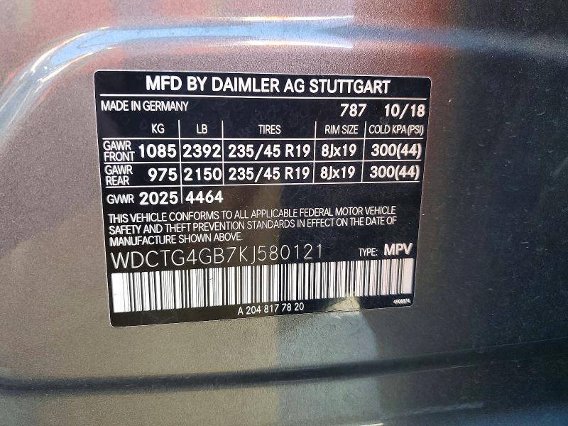 63772806 :رقم المزاد ، WDCTG4GB7KJ580121 vin ، 2019 Mercedes-benz Gla مزاد بيع