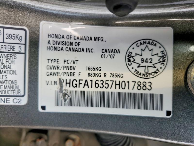63681466 :رقم المزاد ، 2HGFA16357H017883 vin ، 2007 Honda Civic مزاد بيع