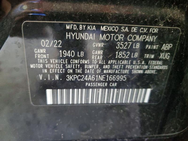2022 Hyundai Accent მანქანა იყიდება აუქციონზე, vin: 3KPC24A61NE166995, აუქციონის ნომერი: 66946776