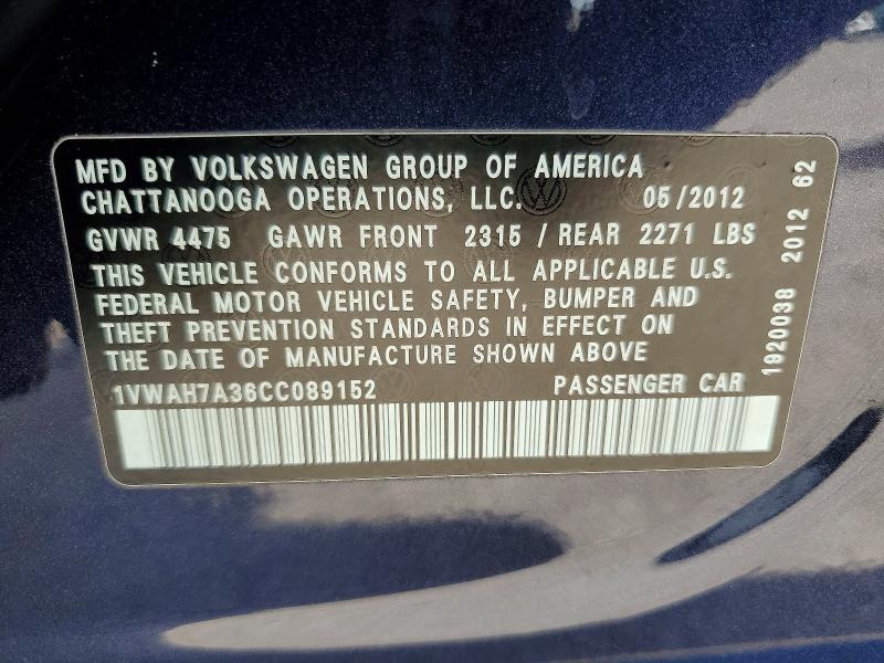 2012 Volkswagen Passat მანქანა იყიდება აუქციონზე, vin: 1VWAH7A36CC089152, აუქციონის ნომერი: 66997806