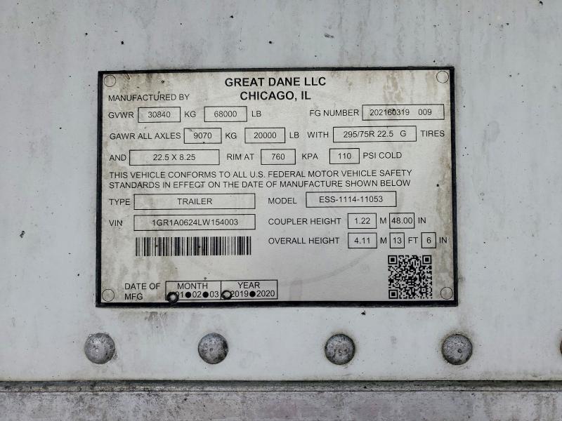 Aukcja sprzedaży 2020 Great Dane 53' Reefer, vin: 1GR1A0624LW154003, numer aukcji: 62021526