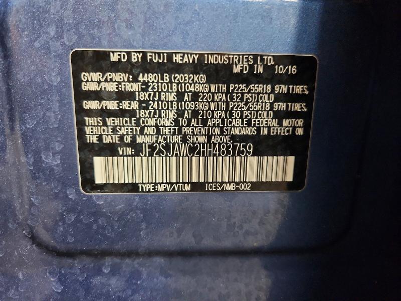 Продаж на аукціоні авто 2017 Subaru Forester, vin: JF2SJAWC2HH483759, номер лоту: 64271356