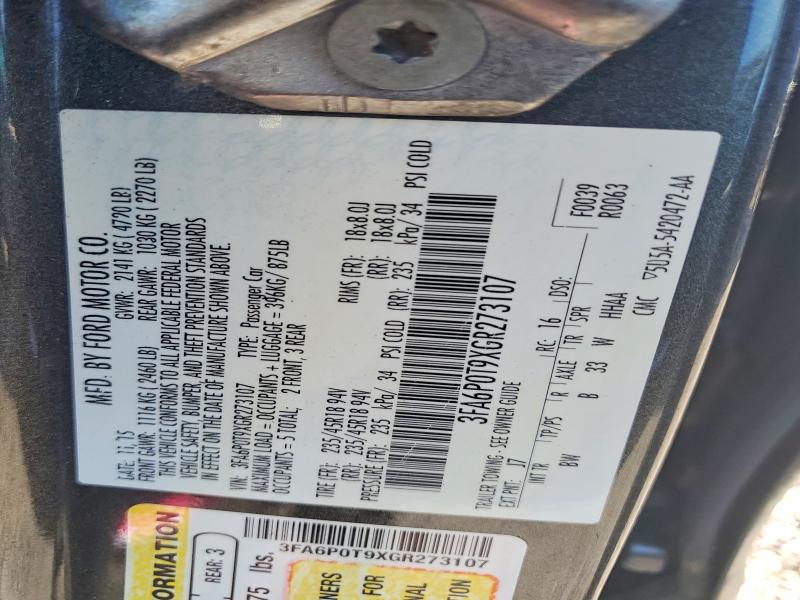 63635106 :رقم المزاد ، 3FA6P0T9XGR273107 vin ، 2016 Ford Fusion مزاد بيع
