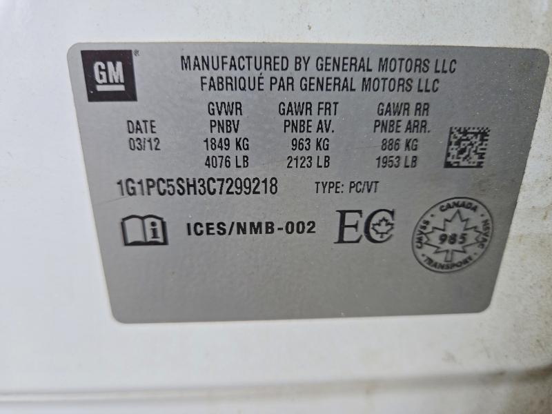 60931756 :رقم المزاد ، 1G1PC5SH3C7299218 vin ، 2012 Chevrolet Cruze مزاد بيع