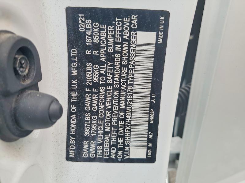 2021 Honda Civic მანქანა იყიდება აუქციონზე, vin: SHHFK7H49MU216178, აუქციონის ნომერი: 64202186
