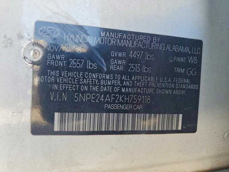66615346 :رقم المزاد ، 5NPE24AF2KH759118 vin ، 2019 Hyundai Sonata مزاد بيع