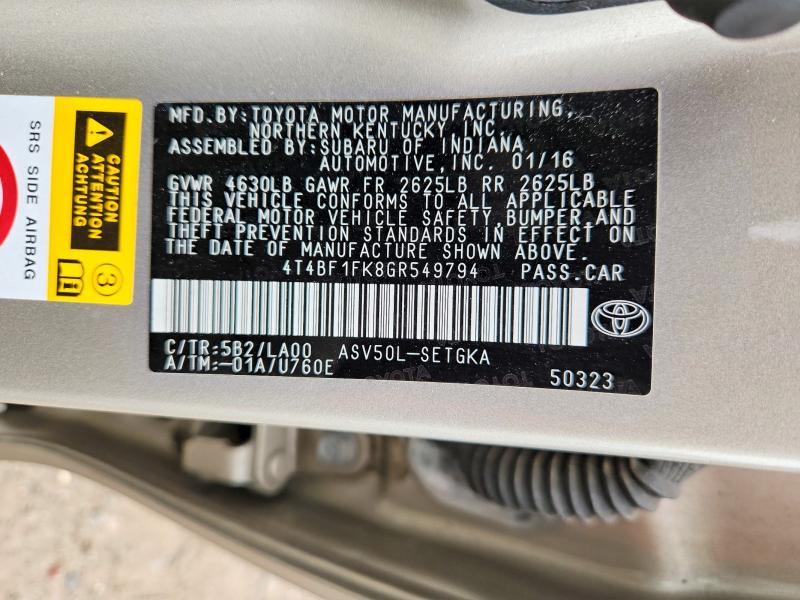 Продажа на аукционе авто 2016 Toyota Camry, vin: 4T4BF1FK8GR549794, номер лота: 64454996