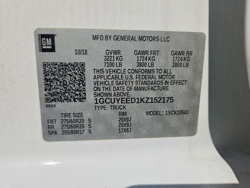 Продаж на аукціоні авто 2019 Chevrolet Silverado, vin: 1GCUYEED1KZ152175, номер лоту: 62995396