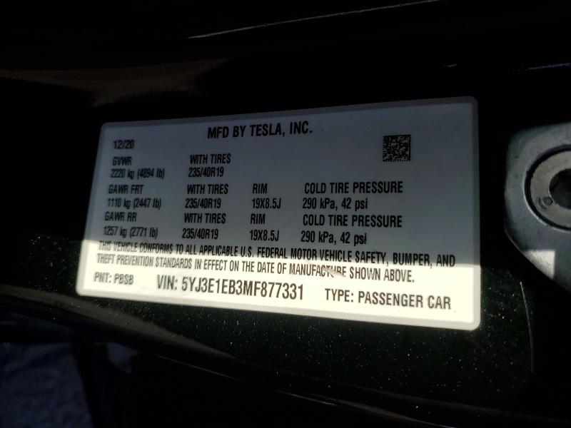 Aukcja sprzedaży 2021 Tesla Model 3, vin: 5YJ3E1EB3MF877331, numer aukcji: 64986006