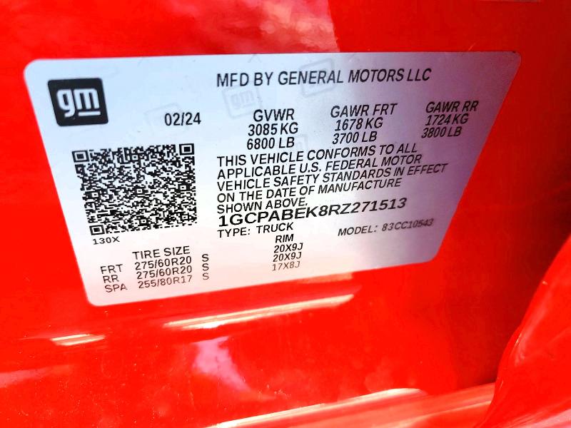 Aukcja sprzedaży 2024 Chevrolet Silverado, vin: 1GCPABEK8RZ271513, numer aukcji: 66490016