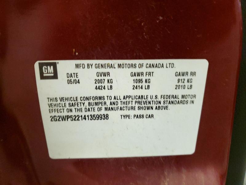 2004 Pontiac Grand Prix მანქანა იყიდება აუქციონზე, vin: 2G2WP522141359938, აუქციონის ნომერი: 65105576