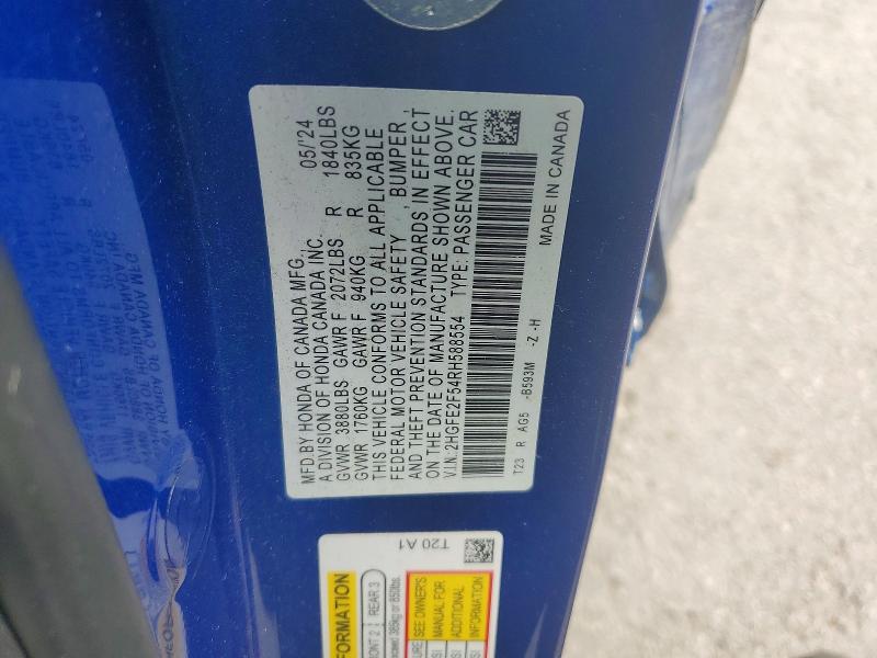 Продажа на аукционе авто 2024 Honda Civic, vin: 2HGFE2F54RH588554, номер лота: 64683766
