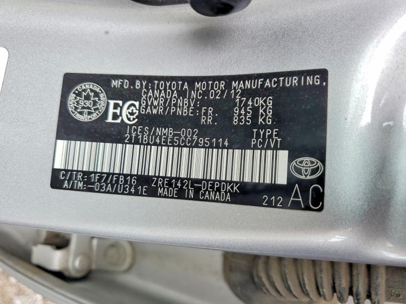 65516196 :رقم المزاد ، 2T1BU4EE5CC795114 vin ، 2012 Toyota Corolla مزاد بيع