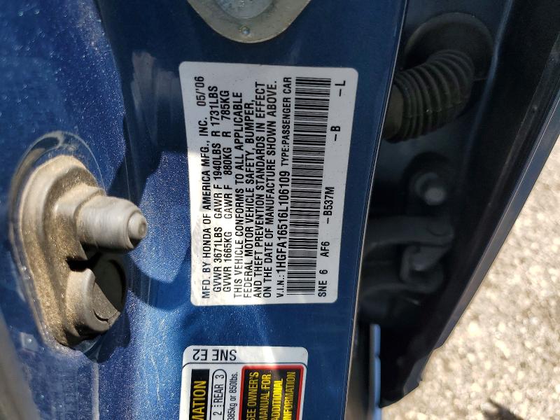 2006 Honda Civic მანქანა იყიდება აუქციონზე, vin: 1HGFA16516L106109, აუქციონის ნომერი: 64322646