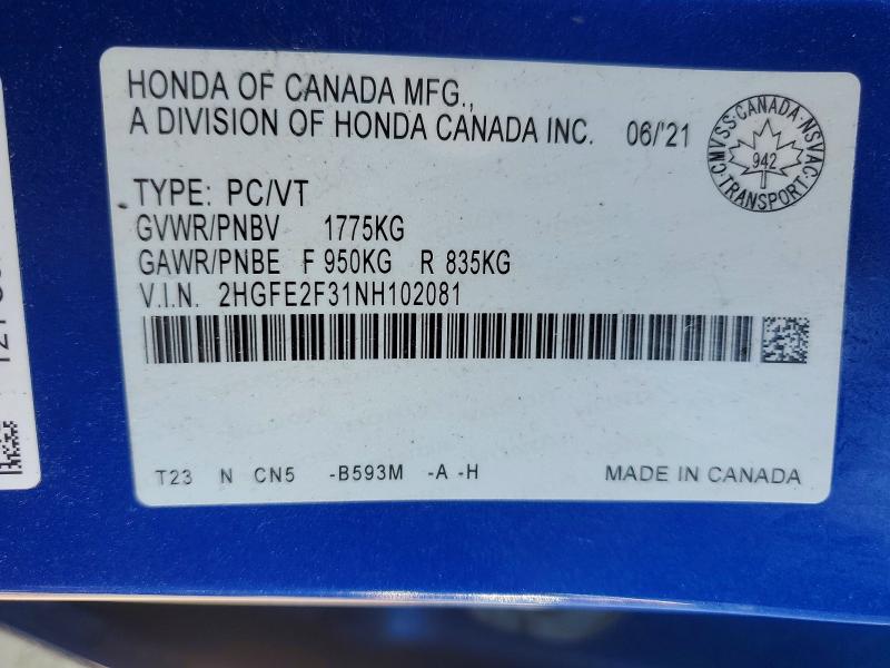 66084956 :رقم المزاد ، 2HGFE2F31NH102081 vin ، 2022 Honda Civic مزاد بيع