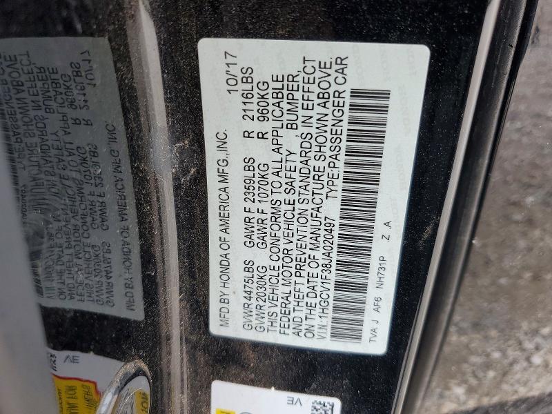 2018 Honda Accord მანქანა იყიდება აუქციონზე, vin: 1HGCV1F38JA020497, აუქციონის ნომერი: 66359576