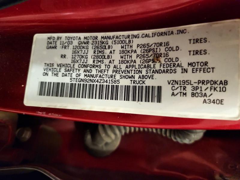 64387436 :رقم المزاد ، 5TEGN92NX4Z341585 vin ، 2004 Toyota Tacoma مزاد بيع