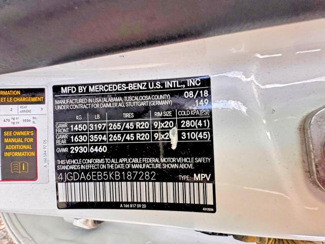 65761476 :رقم المزاد ، 4JGDA6EB5KB187282 vin ، 2019 Mercedes-benz Gle مزاد بيع