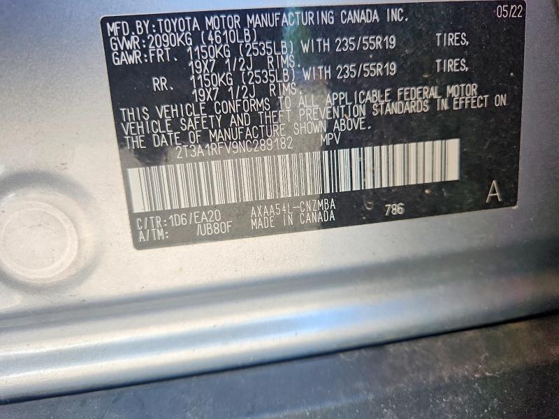 64399646 :رقم المزاد ، 2T3A1RFV9NC289182 vin ، 2022 Toyota Rav4 مزاد بيع