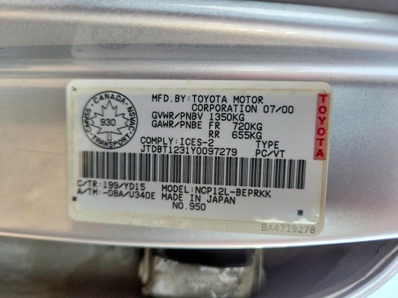 Aukcja sprzedaży 2000 Toyota Echo, vin: JTDBT1231Y0097279, numer aukcji: 64050906