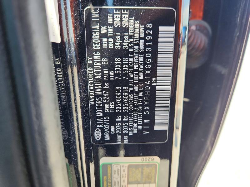 66136166 :رقم المزاد ، 5XYPHDA1XGG031928 vin ، 2016 Kia Sorento مزاد بيع