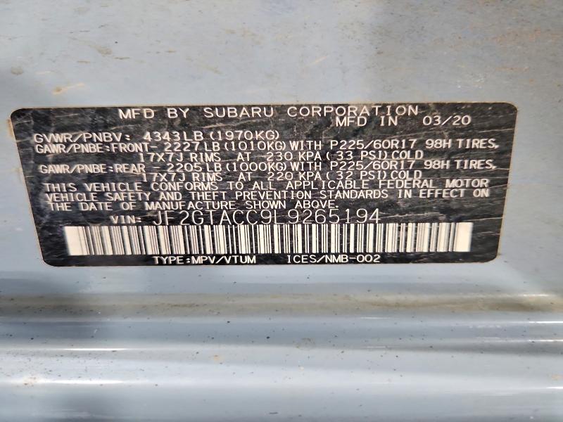 Aukcja sprzedaży 2020 Subaru Crosstrek, vin: JF2GTACC9L9265194, numer aukcji: 65151076