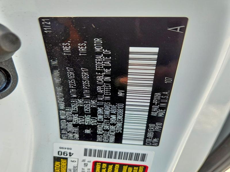 2022 Toyota Sienna მანქანა იყიდება აუქციონზე, vin: 5TDYRKEC8NS088100, აუქციონის ნომერი: 63856766
