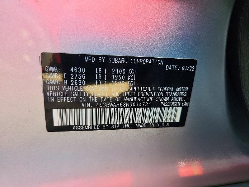 65503616 :رقم المزاد ، 4S3BWAH63N3014731 vin ، 2022 Subaru Legacy مزاد بيع