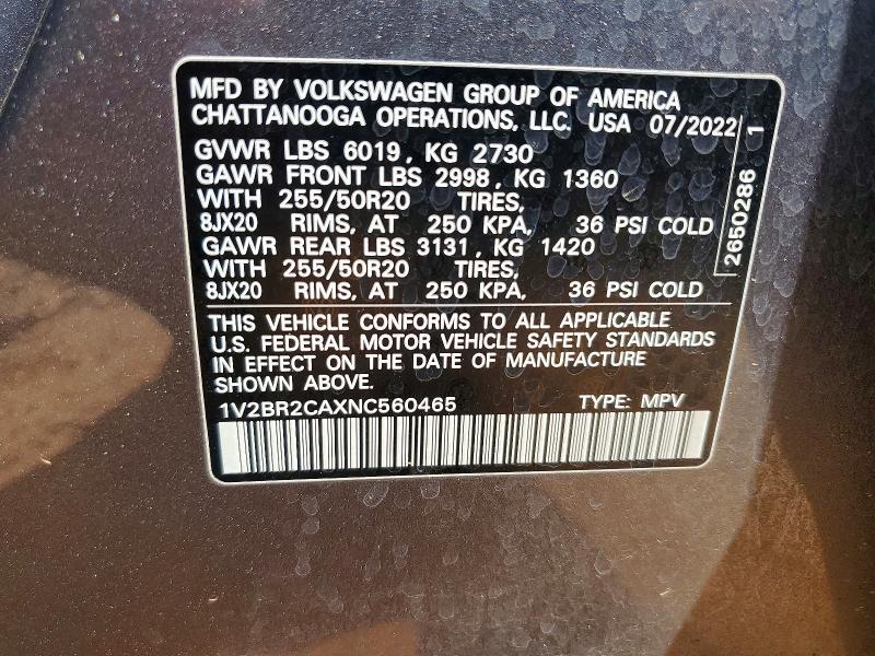 Продажа на аукционе авто 2022 Volkswagen Atlas, vin: 1V2BR2CAXNC560465, номер лота: 63610076