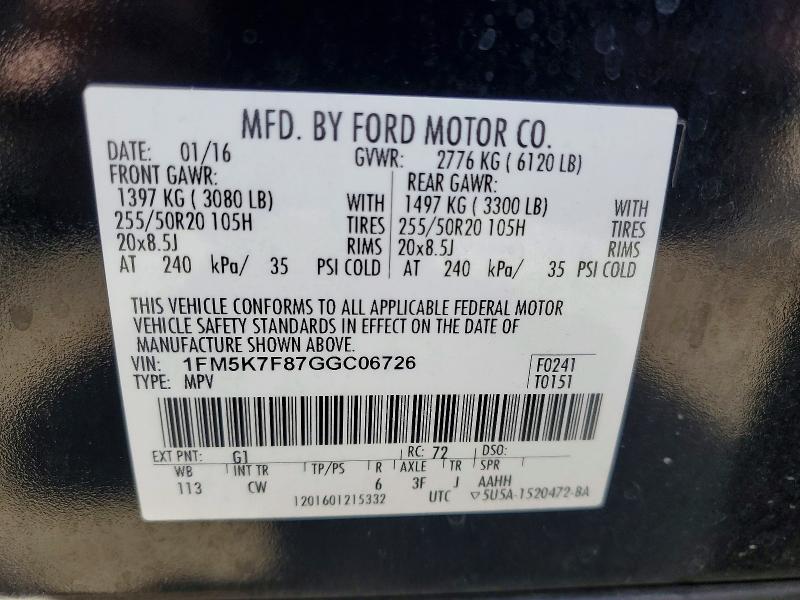 66069456 :رقم المزاد ، 1FM5K7F87GGC06726 vin ، 2016 Ford Explorer مزاد بيع