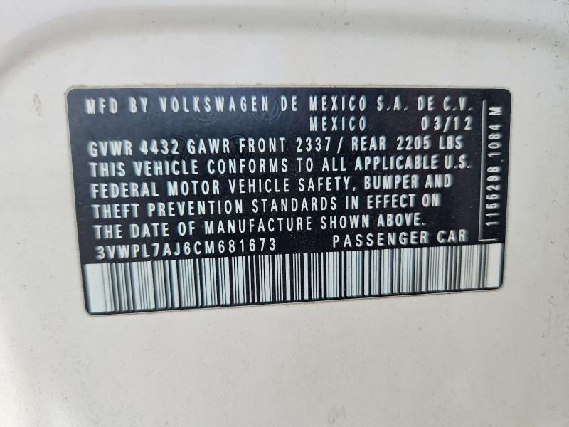 66495116 :رقم المزاد ، 3VWPL7AJ6CM681673 vin ، 2012 Volkswagen Jetta مزاد بيع