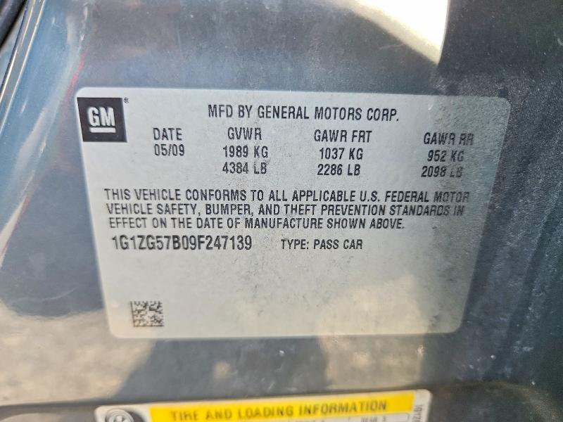 2009 Chevrolet Malibu მანქანა იყიდება აუქციონზე, vin: 1G1ZG57B09F247139, აუქციონის ნომერი: 63906786