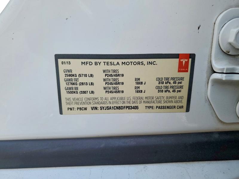 2013 Tesla Model S მანქანა იყიდება აუქციონზე, vin: 5YJSA1CN8DFP03405, აუქციონის ნომერი: 65992726