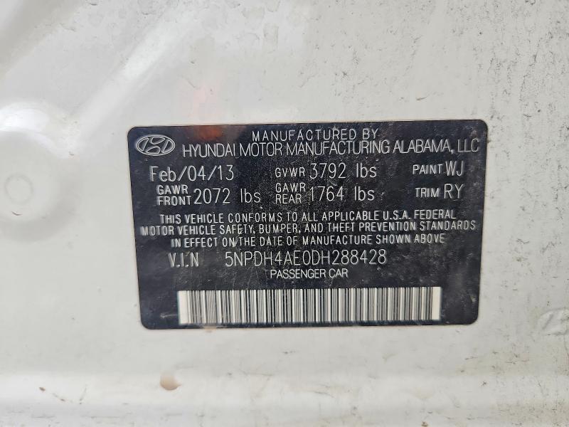 63731216 :رقم المزاد ، 5NPDH4AE0DH288428 vin ، 2013 Hyundai Elantra مزاد بيع