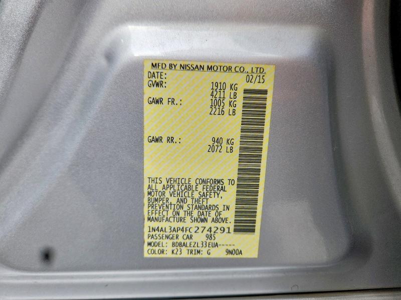 2015 Nissan Altima მანქანა იყიდება აუქციონზე, vin: 1N4AL3AP4FC274291, აუქციონის ნომერი: 66625006
