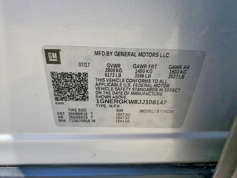 Продаж на аукціоні авто 2018 Chevrolet Traverse, vin: 1GNERGKW8JJ108147, номер лоту: 64237276