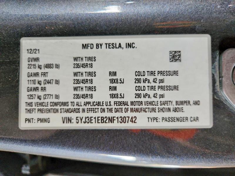 Aukcja sprzedaży 2022 Tesla Model 3, vin: 5YJ3E1EB2NF130742, numer aukcji: 64267026