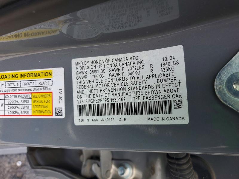 2025 Honda Civic მანქანა იყიდება აუქციონზე, vin: 2HGFE2F59SH539162, აუქციონის ნომერი: 65508736