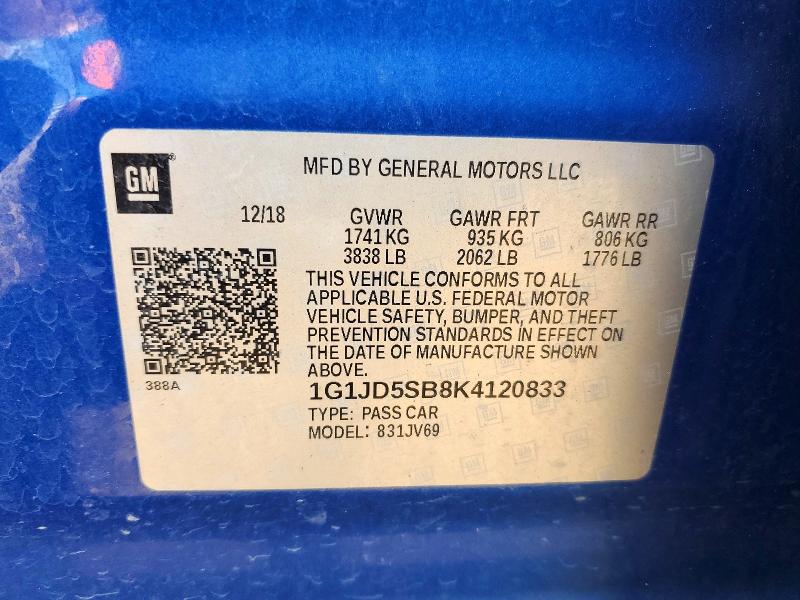 Aukcja sprzedaży 2019 Chevrolet Sonic, vin: 1G1JD5SB8K4120833, numer aukcji: 64227706