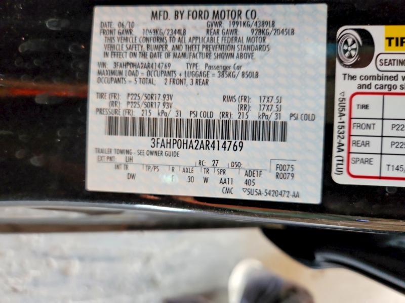 2010 Ford Fusion მანქანა იყიდება აუქციონზე, vin: 3FAHP0HA2AR414769, აუქციონის ნომერი: 63257186